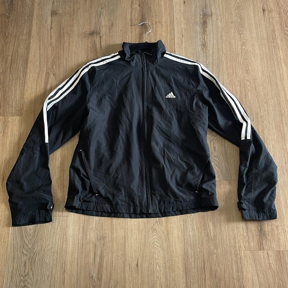 Adidas Black and white striped long sleeve track jacket w front pockets & zipper
